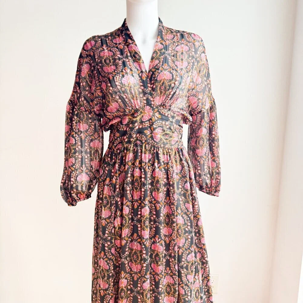 Zara Dark Florals Wrap Long Sleeve Chiffon Maxi Dress S - Picture 5 of 9